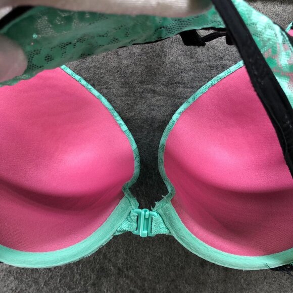 Victoria's Secret Push Up Bra Womens 36C Front Closure Lace Teal Padded - Picture 4 of 7